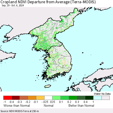 Korea Cropland NDVI Departure from Average (Terra-MODIS) Thematic Map For 9/29/2024 - 10/6/2024