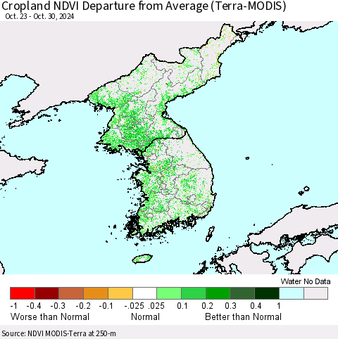 Korea Cropland NDVI Departure from Average (Terra-MODIS) Thematic Map For 10/23/2024 - 10/30/2024