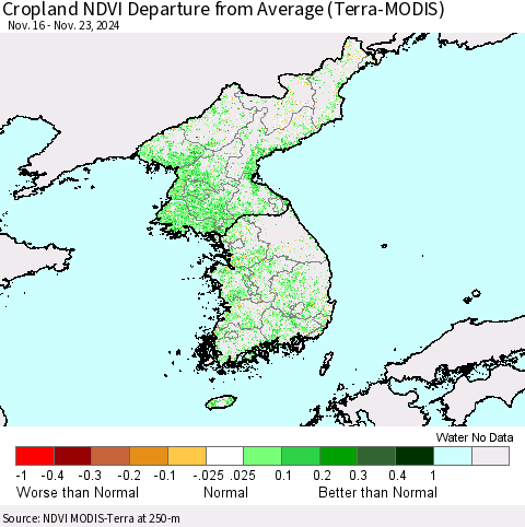 Korea Cropland NDVI Departure from Average (Terra-MODIS) Thematic Map For 11/16/2024 - 11/23/2024
