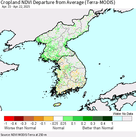 Korea Cropland NDVI Departure from Average (Terra-MODIS) Thematic Map For 4/15/2025 - 4/22/2025