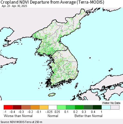Korea Cropland NDVI Departure from Average (Terra-MODIS) Thematic Map For 4/23/2025 - 4/30/2025