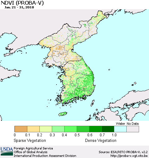Korea NDVI (PROBA-V) Thematic Map For 1/21/2018 - 1/31/2018