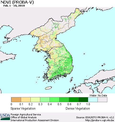Korea NDVI (PROBA-V) Thematic Map For 2/1/2018 - 2/10/2018