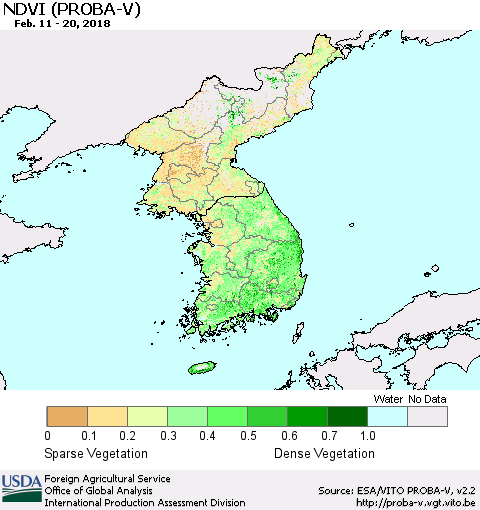 Korea NDVI (PROBA-V) Thematic Map For 2/11/2018 - 2/20/2018