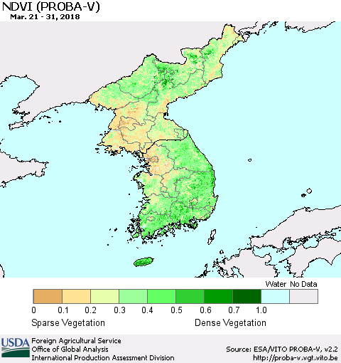 Korea NDVI (PROBA-V) Thematic Map For 3/21/2018 - 3/31/2018