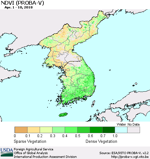 Korea NDVI (PROBA-V) Thematic Map For 4/1/2018 - 4/10/2018