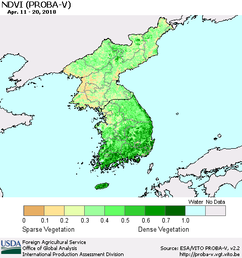 Korea NDVI (PROBA-V) Thematic Map For 4/11/2018 - 4/20/2018