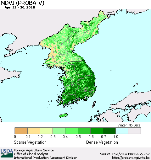 Korea NDVI (PROBA-V) Thematic Map For 4/21/2018 - 4/30/2018