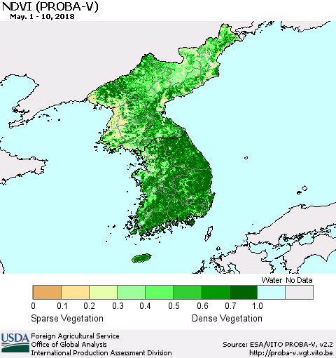 Korea NDVI (PROBA-V) Thematic Map For 5/1/2018 - 5/10/2018