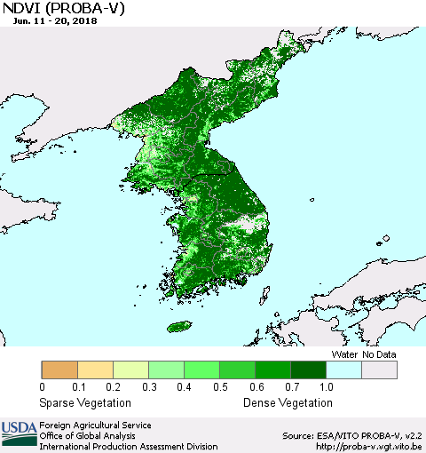 Korea NDVI (PROBA-V) Thematic Map For 6/11/2018 - 6/20/2018