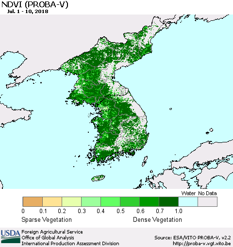 Korea NDVI (PROBA-V) Thematic Map For 7/1/2018 - 7/10/2018