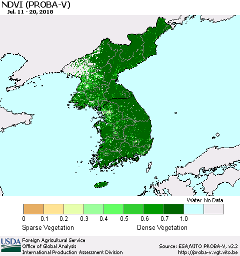 Korea NDVI (PROBA-V) Thematic Map For 7/11/2018 - 7/20/2018