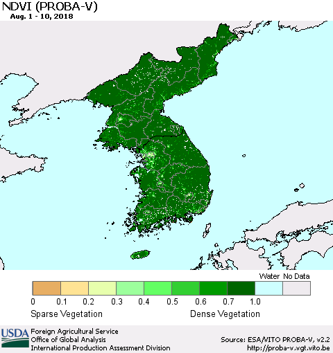 Korea NDVI (PROBA-V) Thematic Map For 8/1/2018 - 8/10/2018