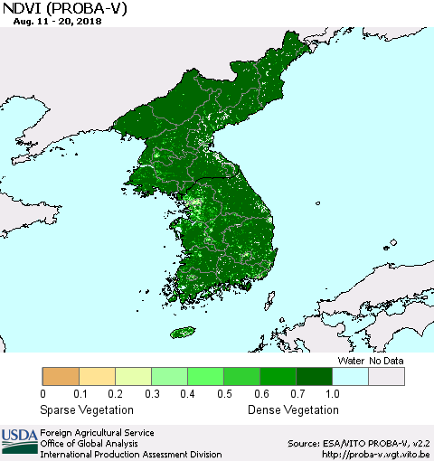 Korea NDVI (PROBA-V) Thematic Map For 8/11/2018 - 8/20/2018