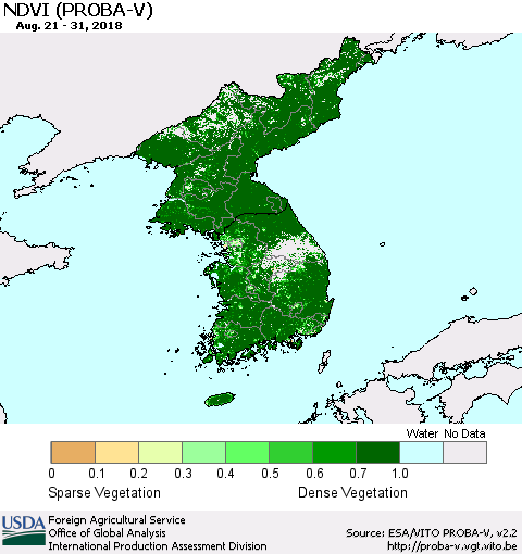 Korea NDVI (PROBA-V) Thematic Map For 8/21/2018 - 8/31/2018