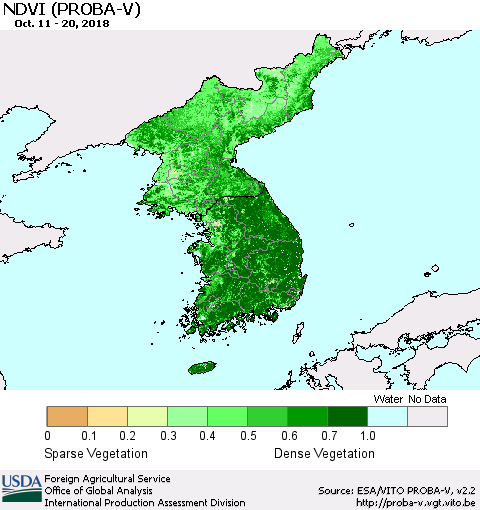 Korea NDVI (PROBA-V) Thematic Map For 10/11/2018 - 10/20/2018