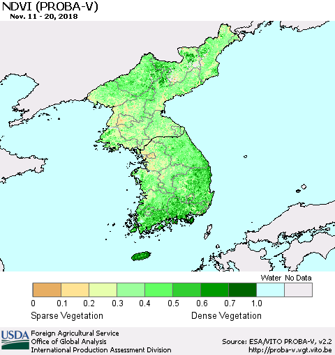 Korea NDVI (PROBA-V) Thematic Map For 11/11/2018 - 11/20/2018
