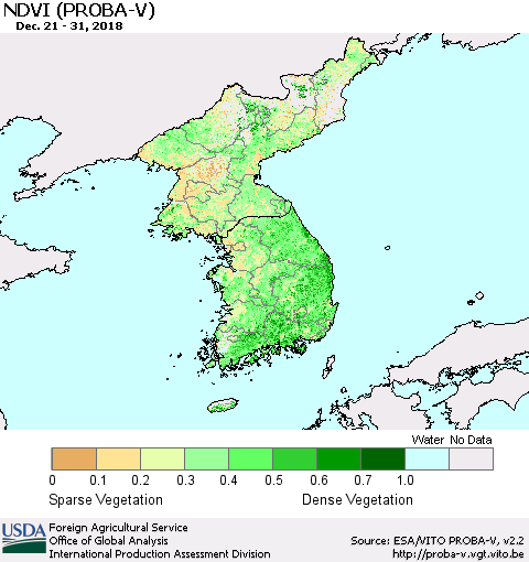Korea NDVI (PROBA-V) Thematic Map For 12/21/2018 - 12/31/2018