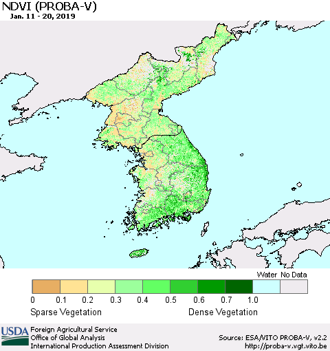 Korea NDVI (PROBA-V) Thematic Map For 1/11/2019 - 1/20/2019