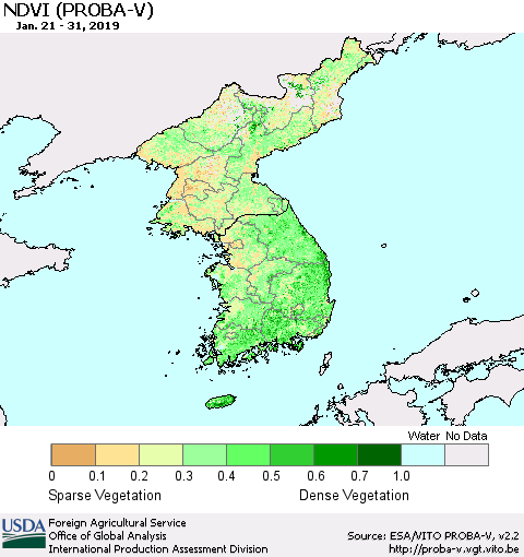 Korea NDVI (PROBA-V) Thematic Map For 1/21/2019 - 1/31/2019