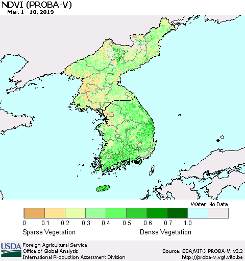 Korea NDVI (PROBA-V) Thematic Map For 3/1/2019 - 3/10/2019