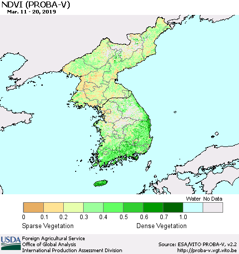 Korea NDVI (PROBA-V) Thematic Map For 3/11/2019 - 3/20/2019