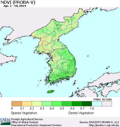 Korea NDVI (PROBA-V) Thematic Map For 4/1/2019 - 4/10/2019