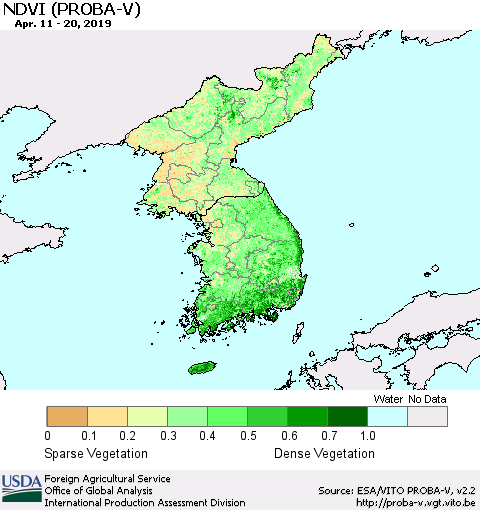 Korea NDVI (PROBA-V) Thematic Map For 4/11/2019 - 4/20/2019