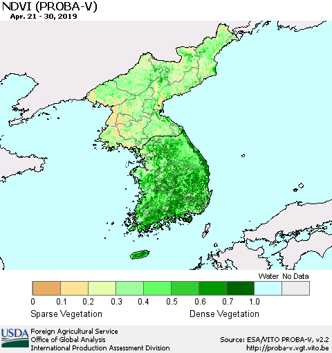 Korea NDVI (PROBA-V) Thematic Map For 4/21/2019 - 4/30/2019