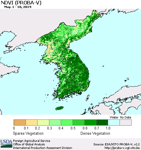 Korea NDVI (PROBA-V) Thematic Map For 5/1/2019 - 5/10/2019