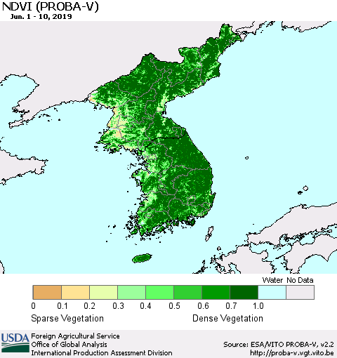 Korea NDVI (PROBA-V) Thematic Map For 6/1/2019 - 6/10/2019
