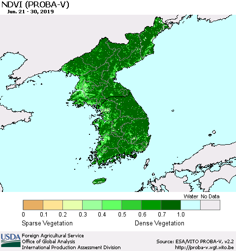 Korea NDVI (PROBA-V) Thematic Map For 6/21/2019 - 6/30/2019