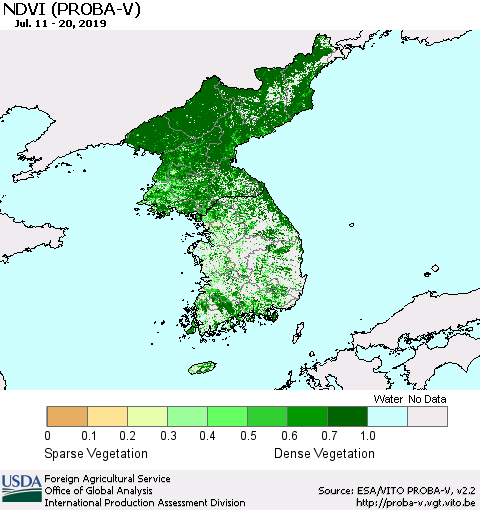 Korea NDVI (PROBA-V) Thematic Map For 7/11/2019 - 7/20/2019