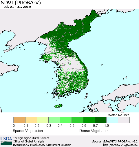 Korea NDVI (PROBA-V) Thematic Map For 7/21/2019 - 7/31/2019