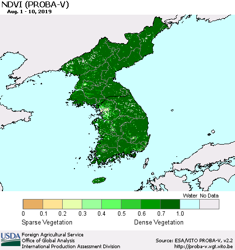 Korea NDVI (PROBA-V) Thematic Map For 8/1/2019 - 8/10/2019