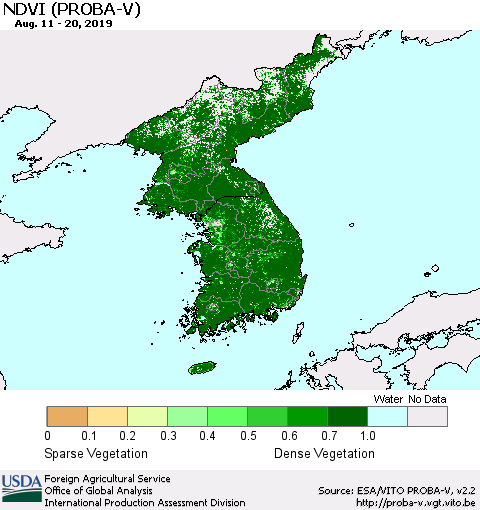 Korea NDVI (PROBA-V) Thematic Map For 8/11/2019 - 8/20/2019