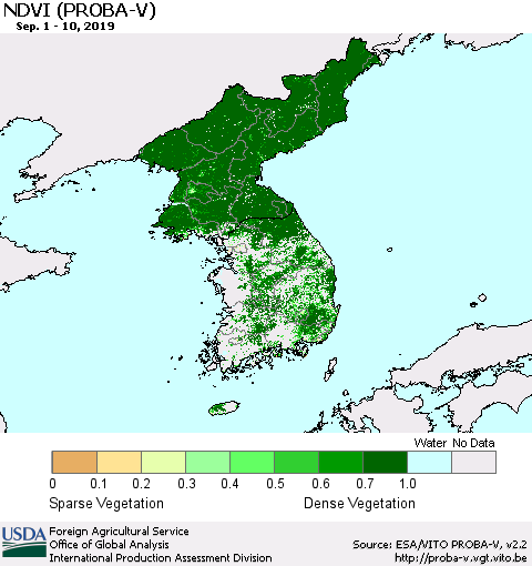 Korea NDVI (PROBA-V) Thematic Map For 9/1/2019 - 9/10/2019
