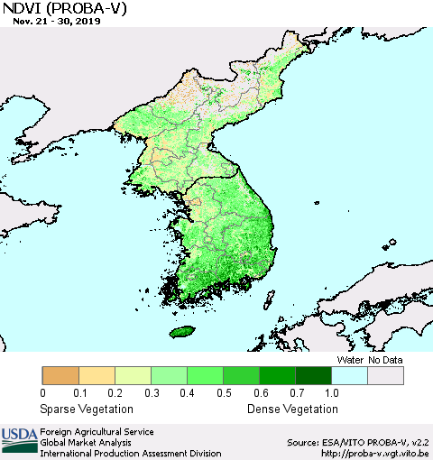 Korea NDVI (PROBA-V) Thematic Map For 11/21/2019 - 11/30/2019