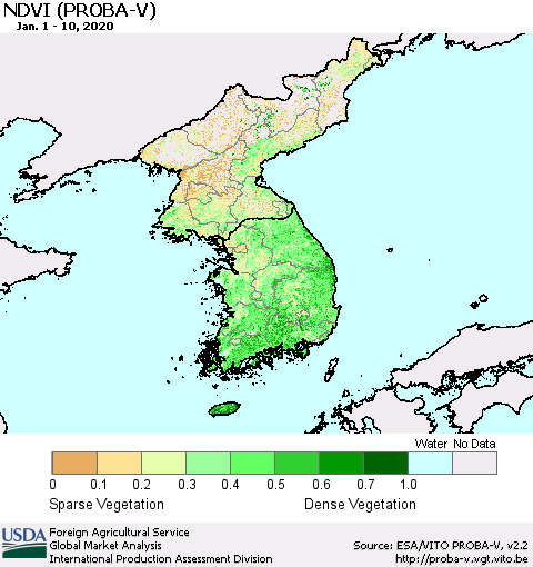 Korea NDVI (PROBA-V) Thematic Map For 1/1/2020 - 1/10/2020
