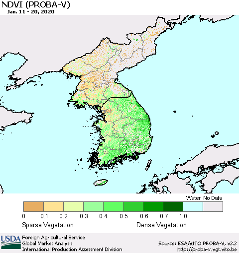 Korea NDVI (PROBA-V) Thematic Map For 1/11/2020 - 1/20/2020