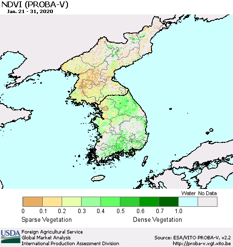 Korea NDVI (PROBA-V) Thematic Map For 1/21/2020 - 1/31/2020