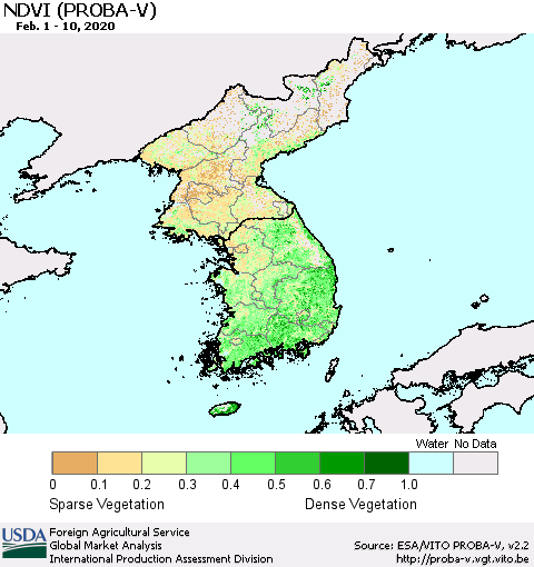 Korea NDVI (PROBA-V) Thematic Map For 2/1/2020 - 2/10/2020