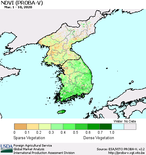 Korea NDVI (PROBA-V) Thematic Map For 3/1/2020 - 3/10/2020
