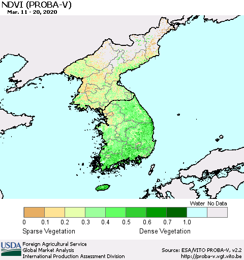 Korea NDVI (PROBA-V) Thematic Map For 3/11/2020 - 3/20/2020