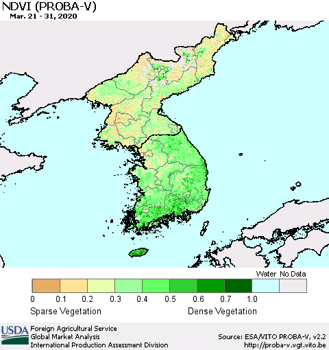 Korea NDVI (PROBA-V) Thematic Map For 3/21/2020 - 3/31/2020