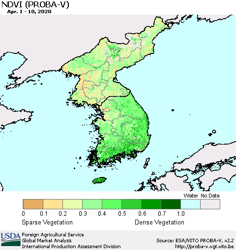 Korea NDVI (PROBA-V) Thematic Map For 4/1/2020 - 4/10/2020
