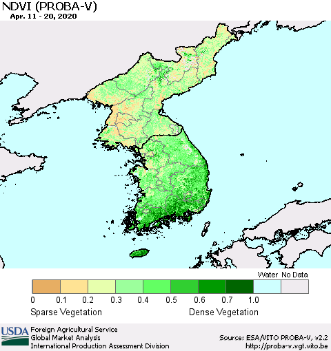 Korea NDVI (PROBA-V) Thematic Map For 4/11/2020 - 4/20/2020