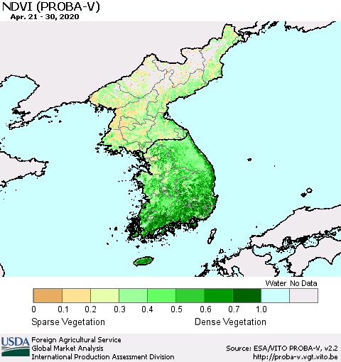 Korea NDVI (PROBA-V) Thematic Map For 4/21/2020 - 4/30/2020