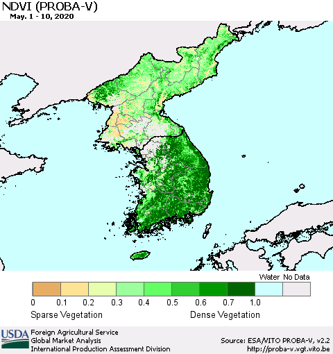 Korea NDVI (PROBA-V) Thematic Map For 5/1/2020 - 5/10/2020