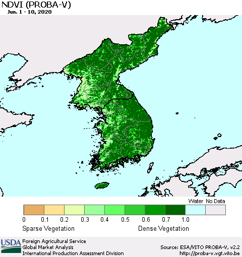 Korea NDVI (PROBA-V) Thematic Map For 6/1/2020 - 6/10/2020